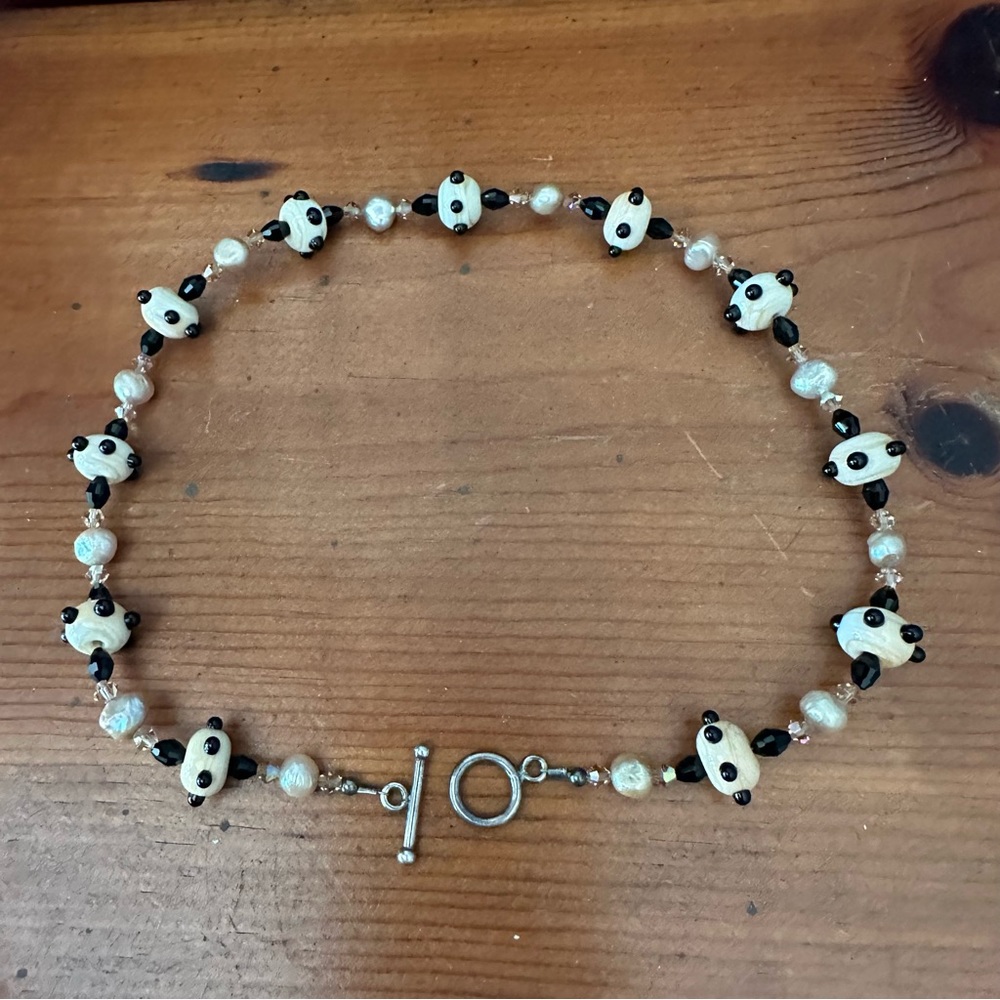 Retro Pearl Choker Lampwork Glass Bead Crystal Necklace Black White Pink OOAK
